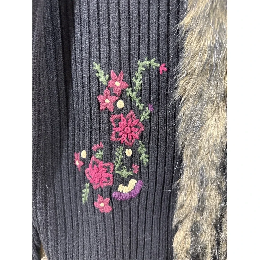 Preston & York Womens Black Sweater Cardigan Faux Fur Collar L embroidered